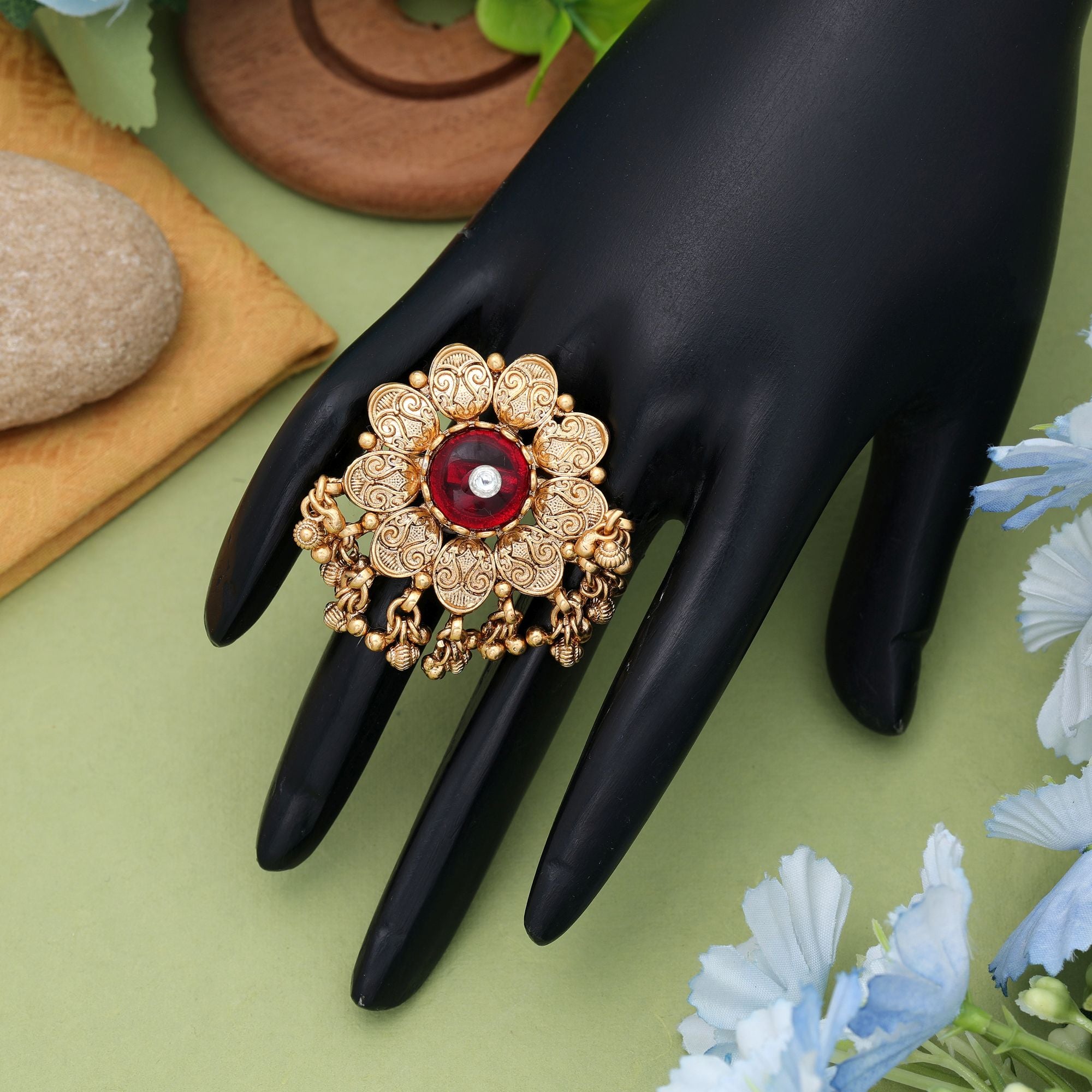 Red Color Matte Gold Rings Stylish Traditional Jewelry Collection - Red