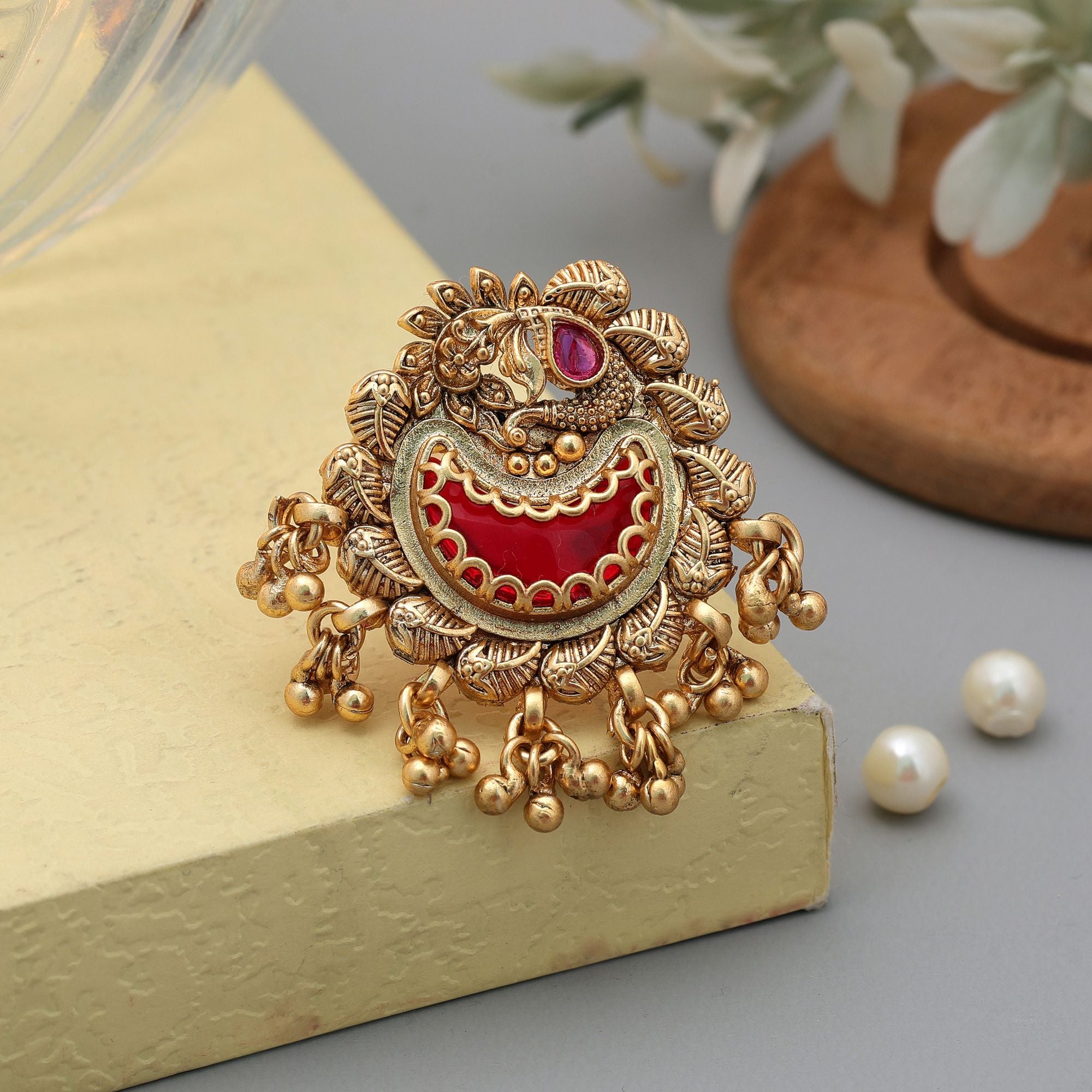 Red Color Matte Gold Rings Festive Statement Jewelry - Red