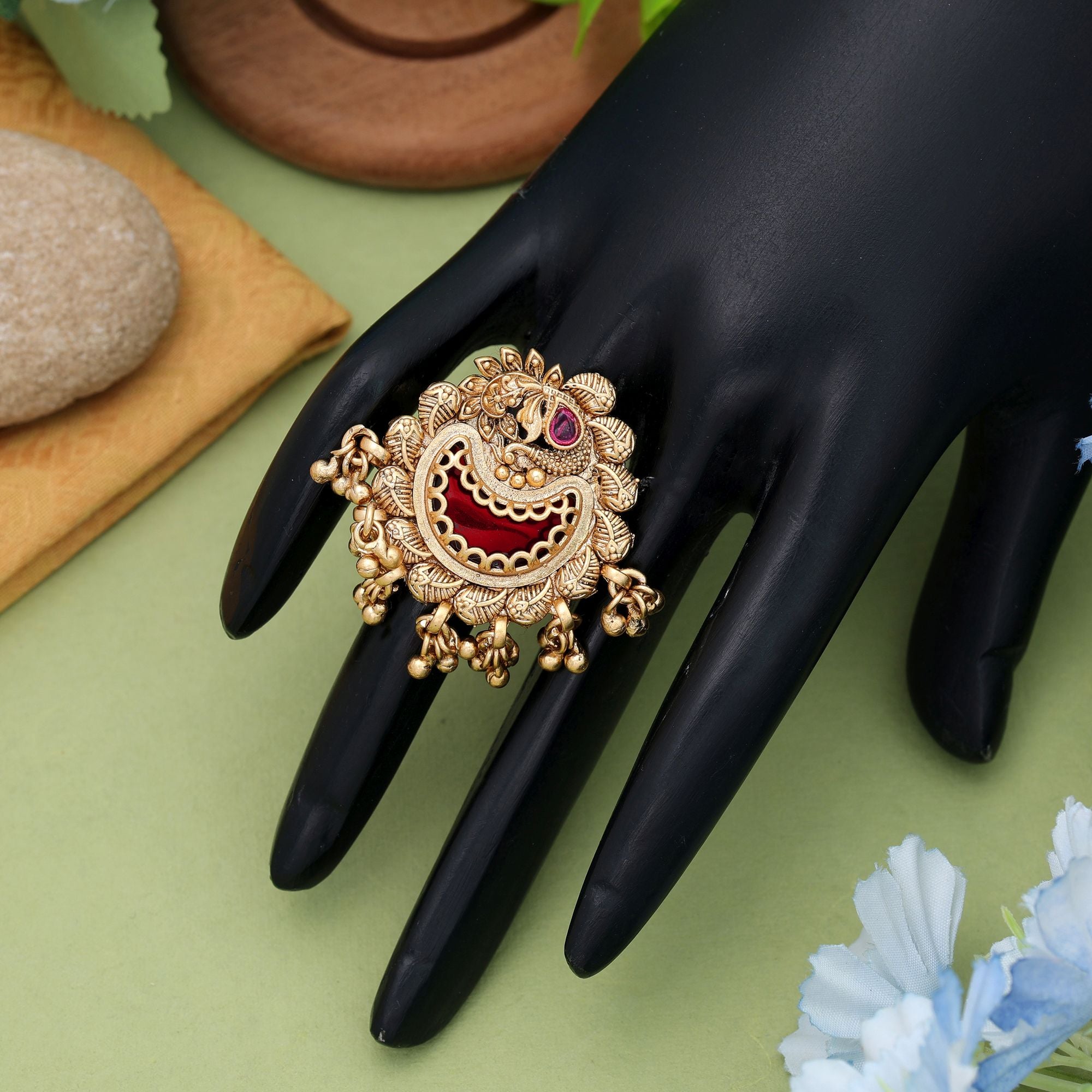 Red Color Matte Gold Rings Festive Statement Jewelry - Red
