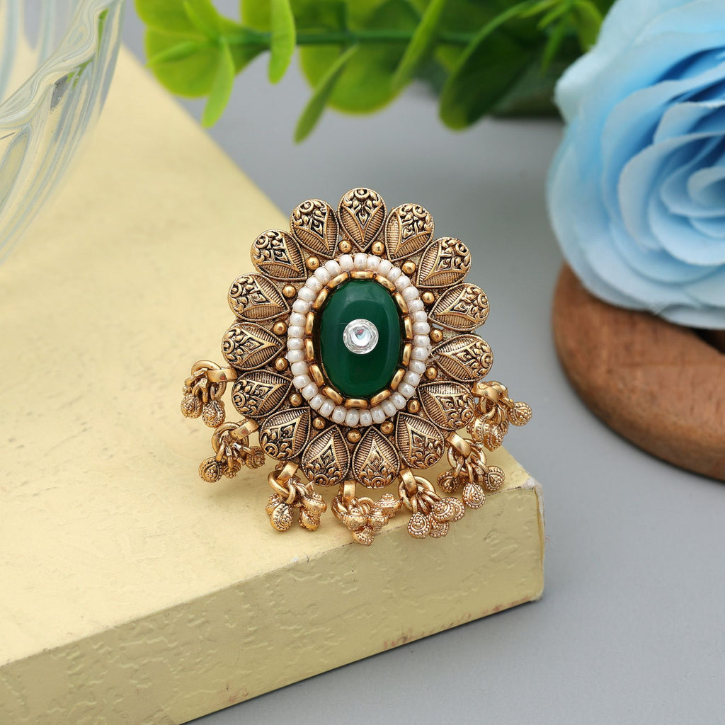 Green Color Matte Gold Rings Stylish Daily Wear Jewelry - Green