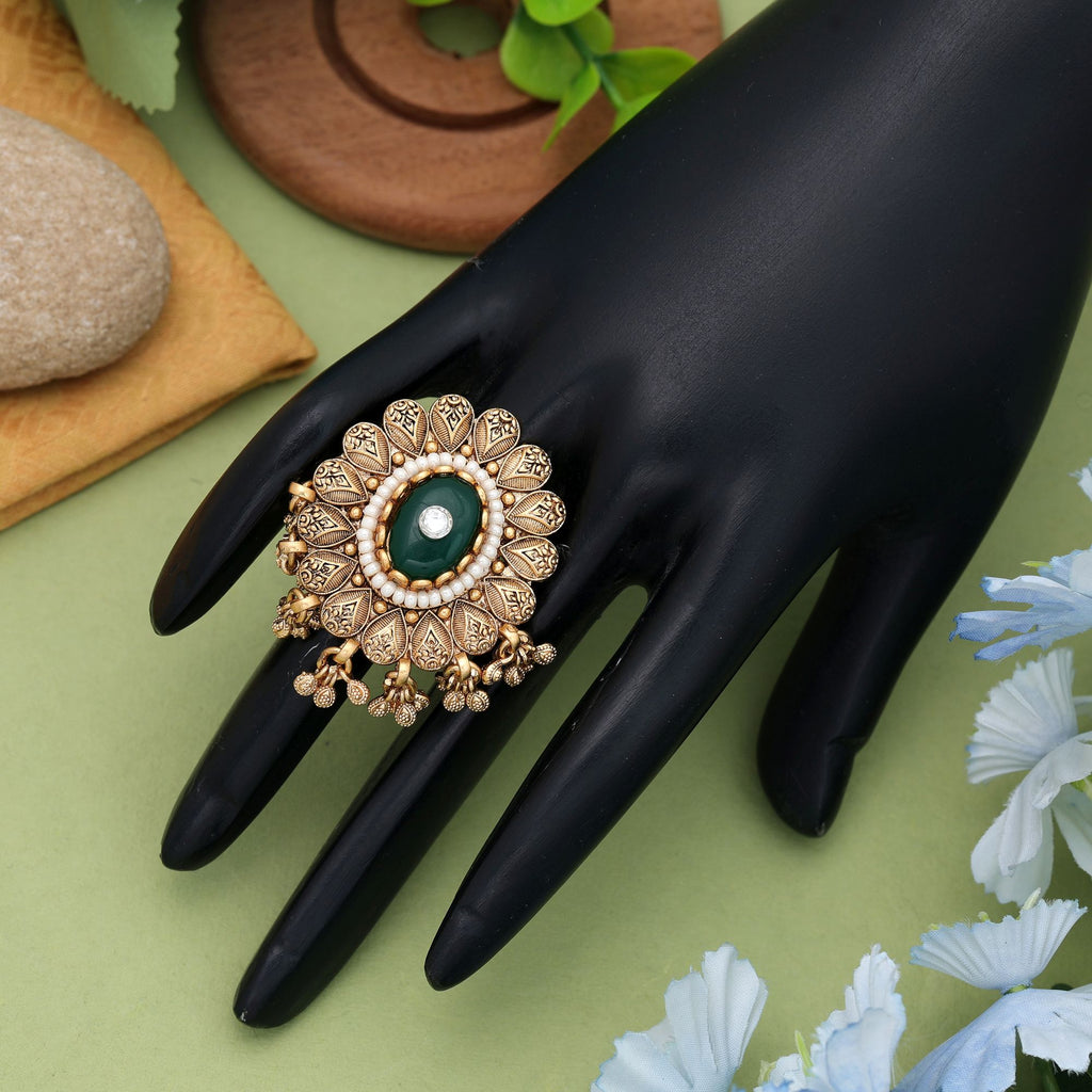 Green Color Matte Gold Rings Stylish Daily Wear Jewelry - Green