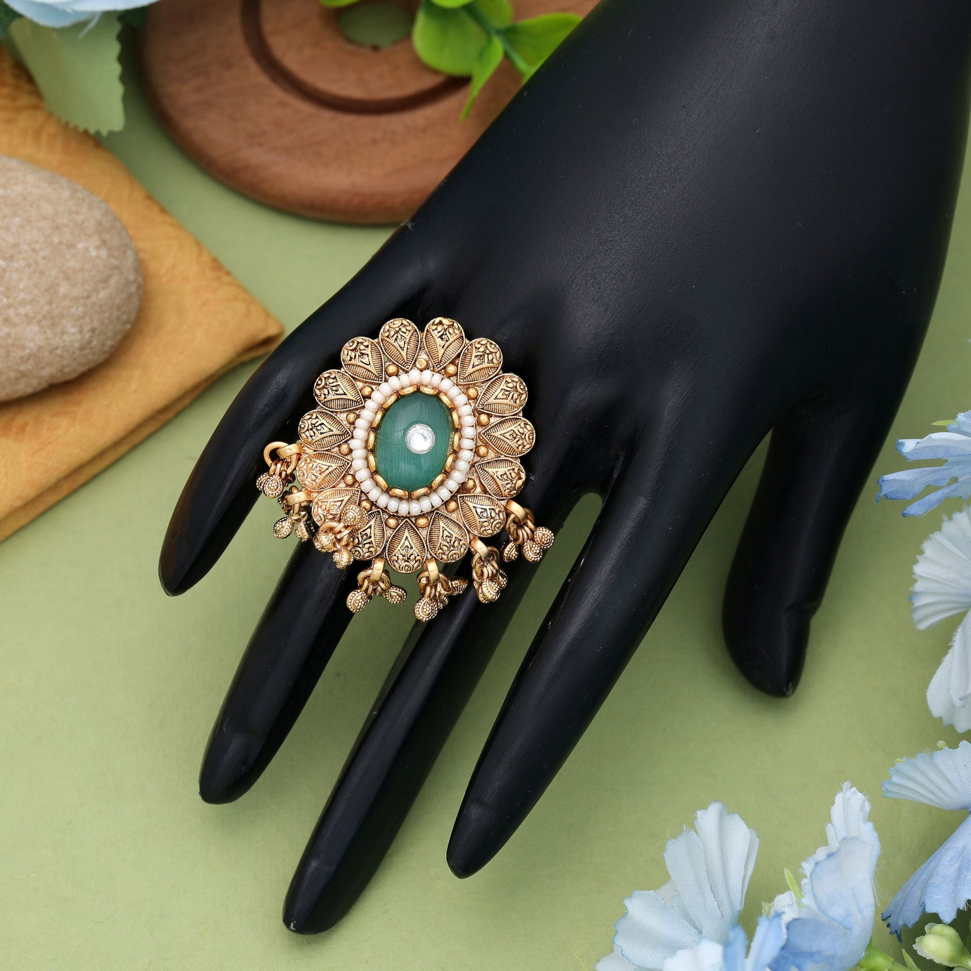 Pista Green Color Matte Gold Rings Traditional Ethnic Jewelry - Pista Green
