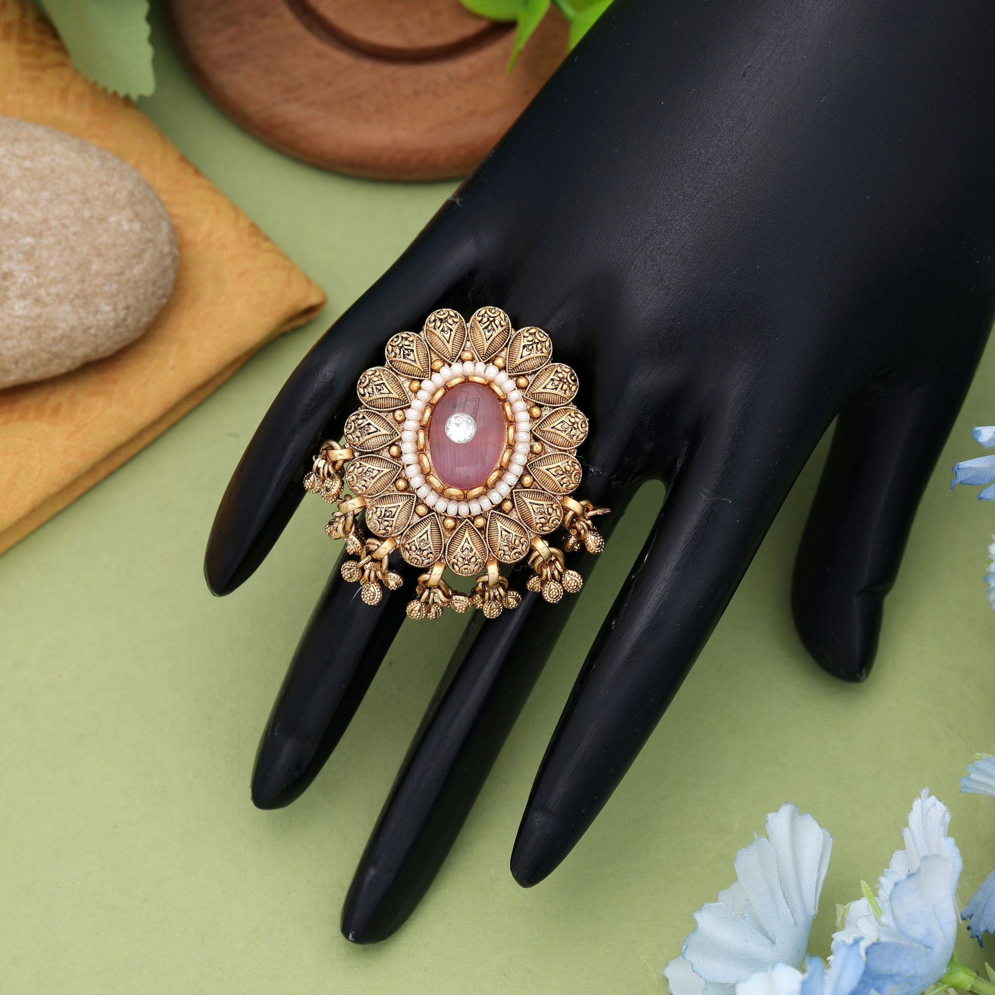 Pink Color Matte Gold Rings Elegant Minimal Jewelry - Pink