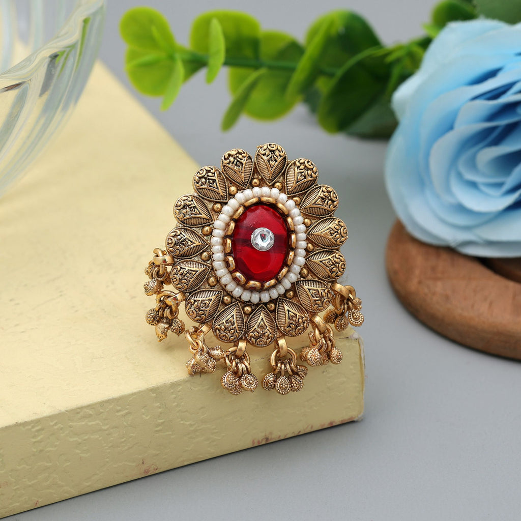 Red Color Matte Gold Rings Designer Festive Jewelry - Red