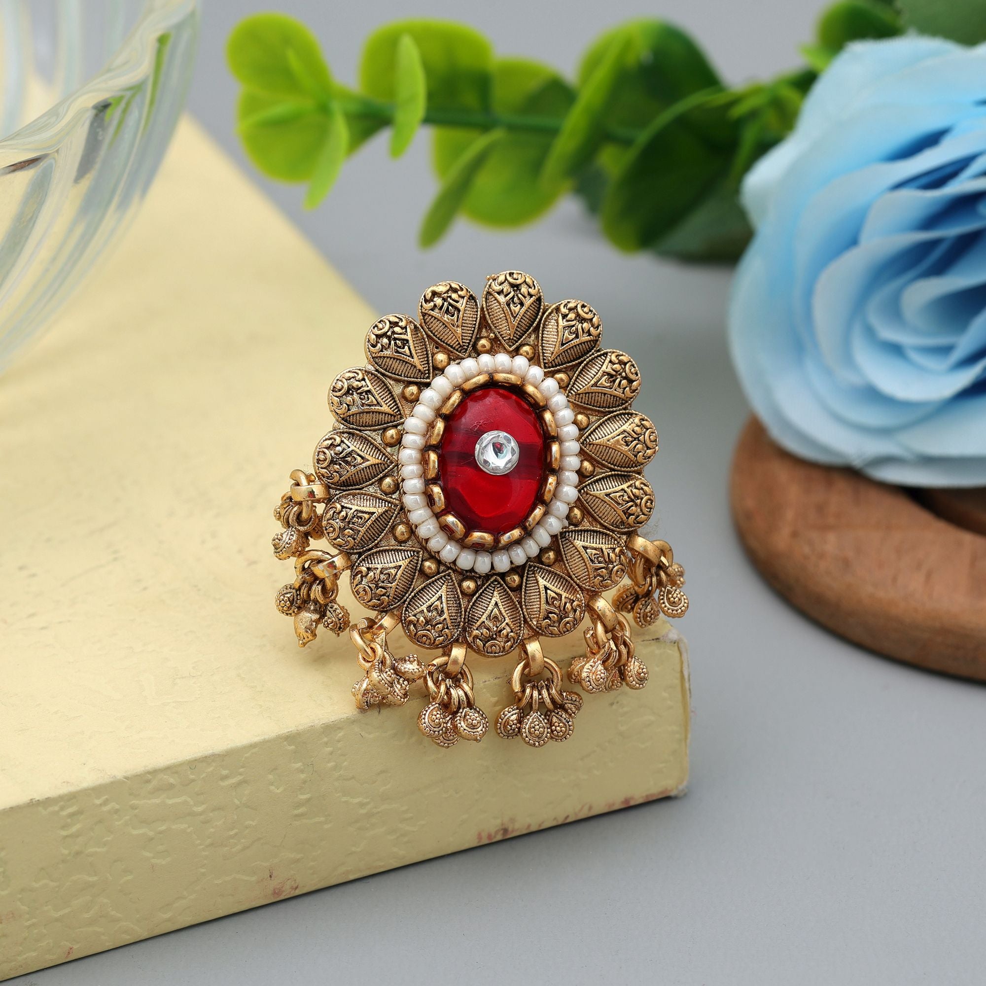 Red Color Matte Gold Rings Designer Festive Jewelry - Red
