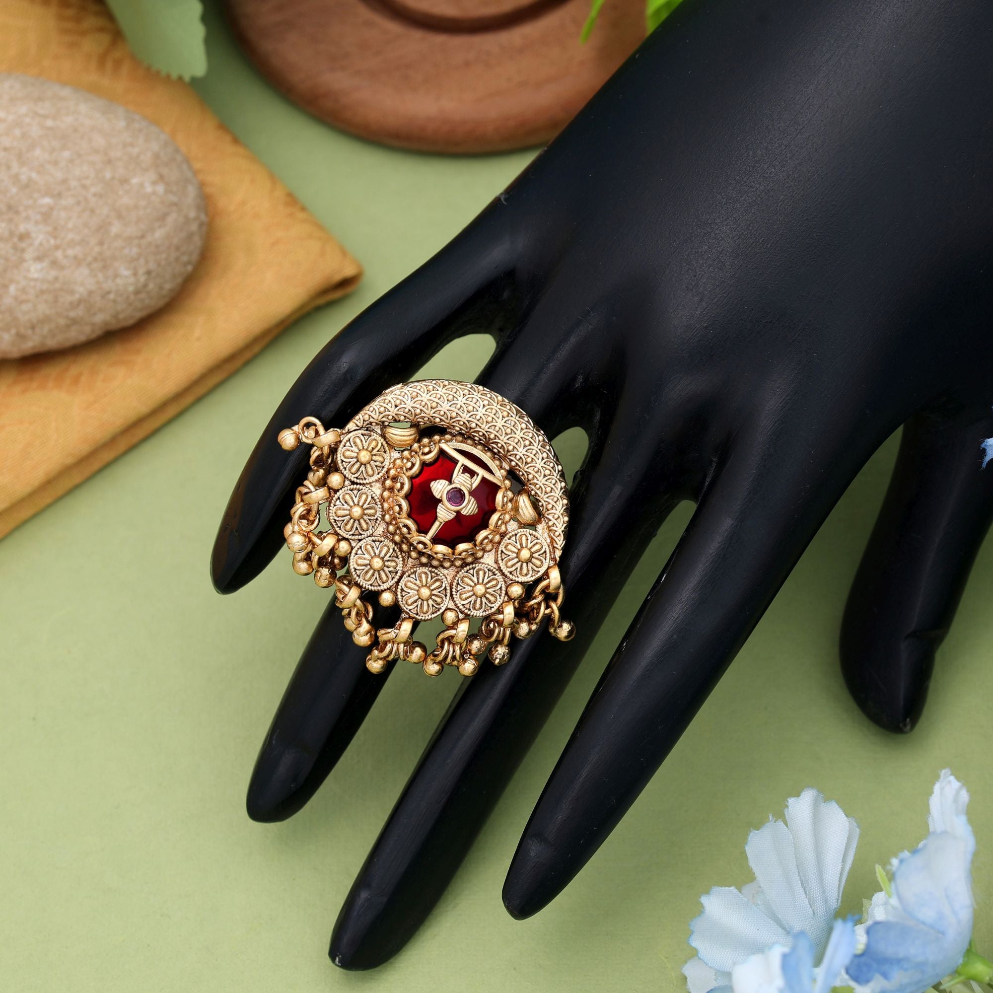 Red Color Matte Gold Rings Elegant Traditional Jewelry - Red
