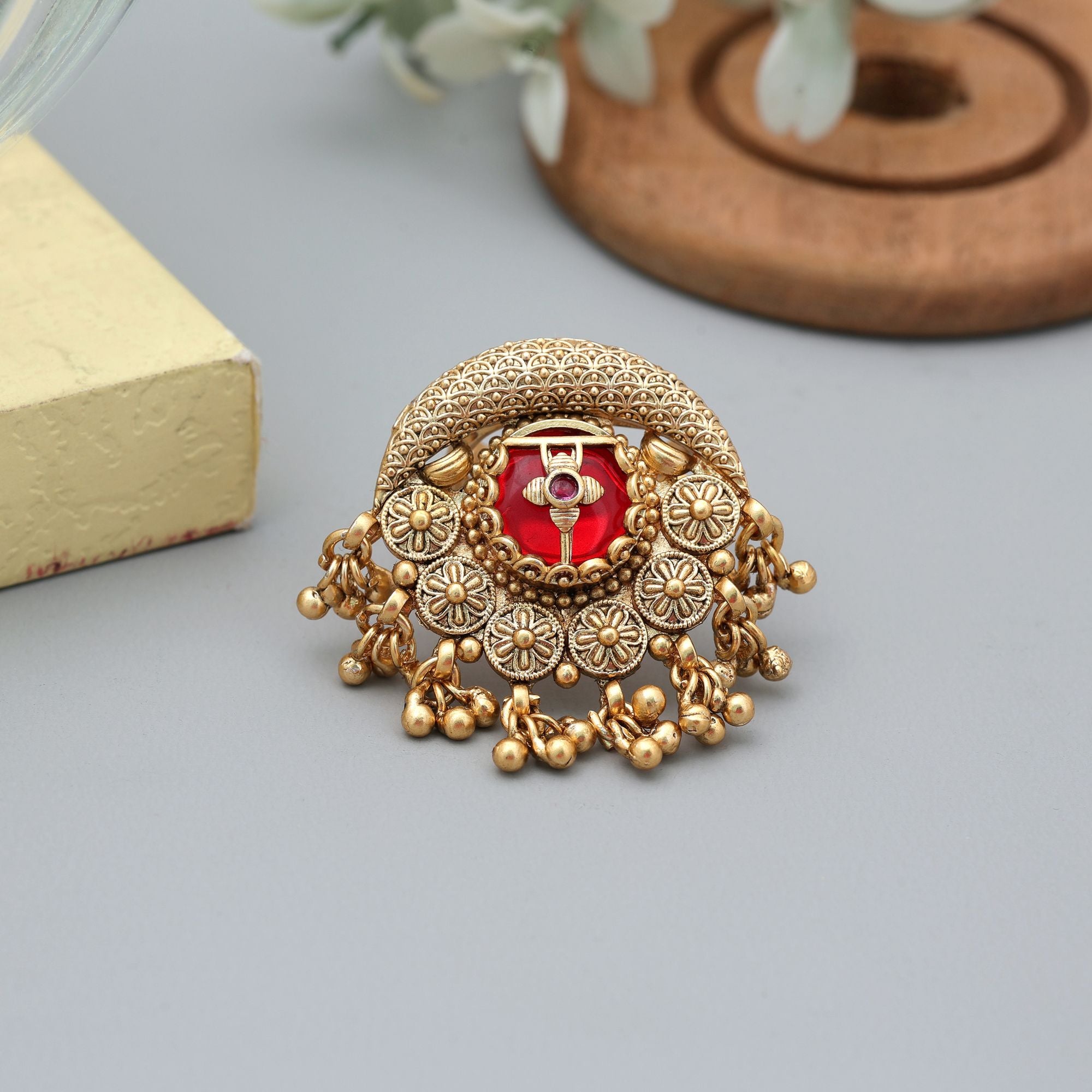 Red Color Matte Gold Rings Elegant Traditional Jewelry - Red