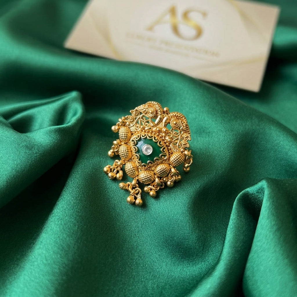 Green Color Matte Gold Rings Classic Elegant Ethnic Jewelry Collection Design - Green
