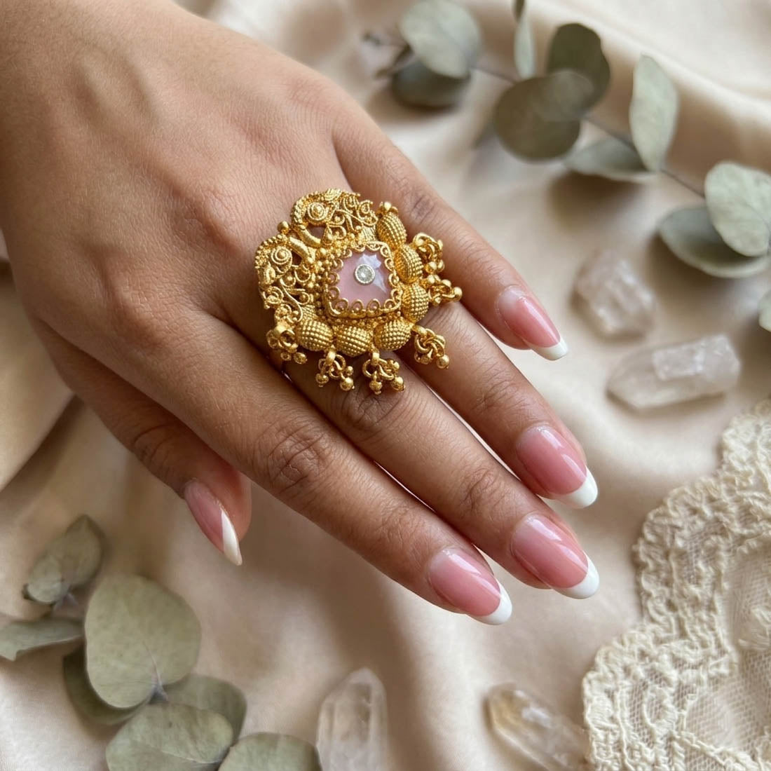 Green Color Matte Gold Rings Classic Elegant Ethnic Jewelry Collection Design - Green