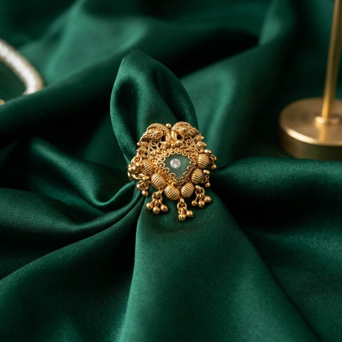 Green Color Matte Gold Rings Classic Elegant Ethnic Jewelry Collection Design - Green