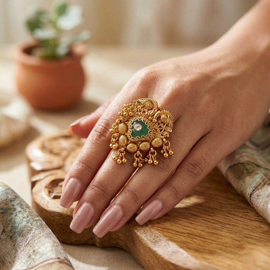 Green Color Matte Gold Rings Classic Elegant Ethnic Jewelry Collection Design - Green