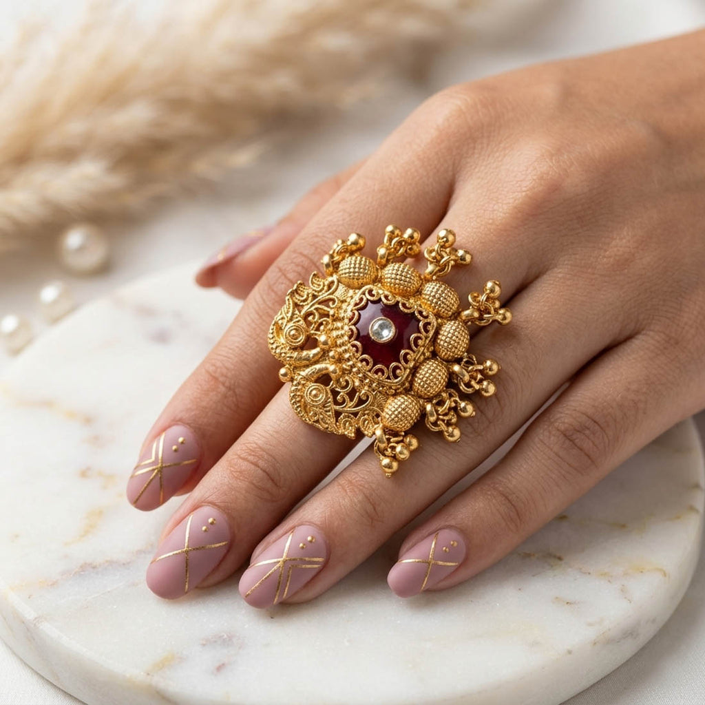 Green Color Matte Gold Rings Classic Elegant Ethnic Jewelry Collection Design - Green