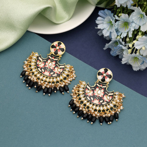 Black Color Meenakari Earrings Crafted With Bold Enamel Artistry For Striking Ethnic Elegance - Black