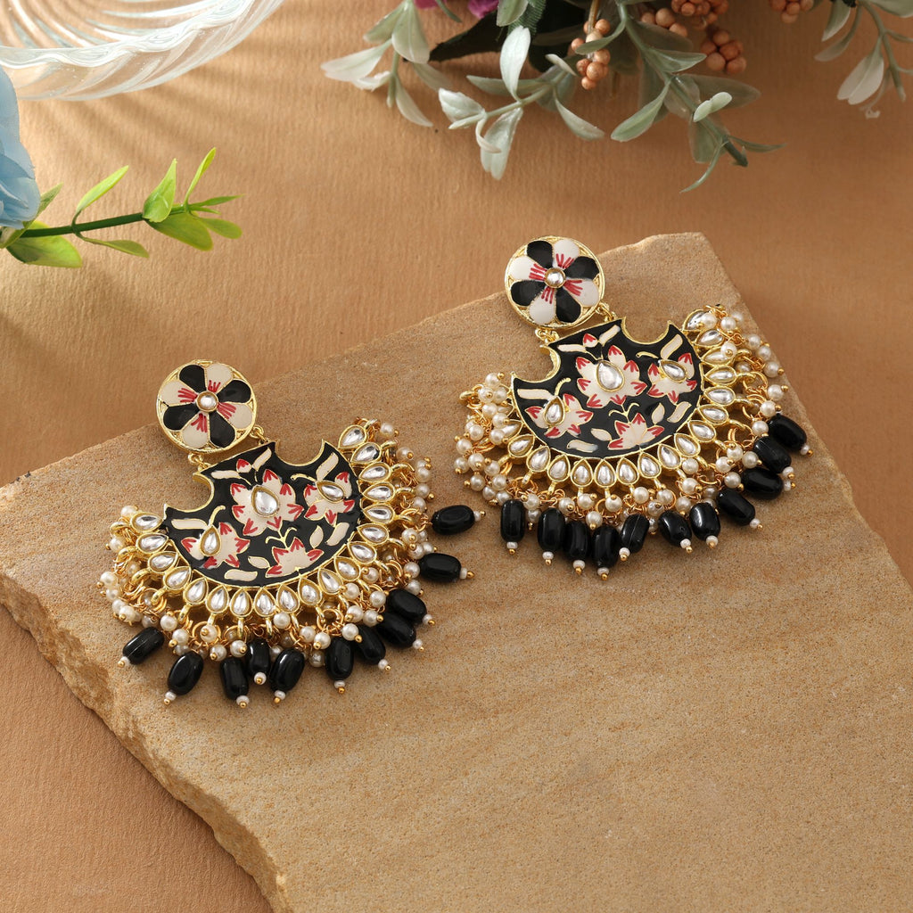 Black Color Meenakari Earrings Crafted With Bold Enamel Artistry For Striking Ethnic Elegance - Black