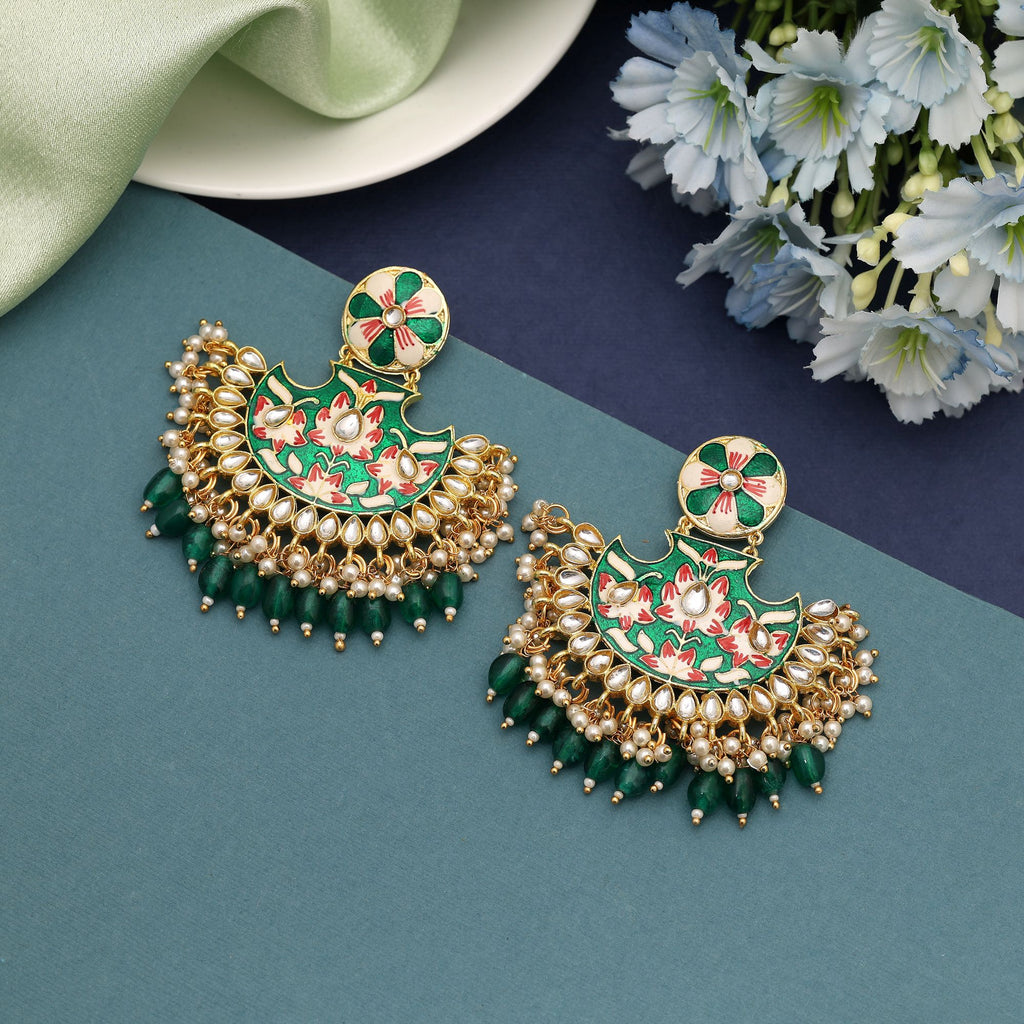 Green Color Meenakari Earrings Showcasing Traditional Enamel Craftsmanship For Graceful Ethnic Fashion - Green