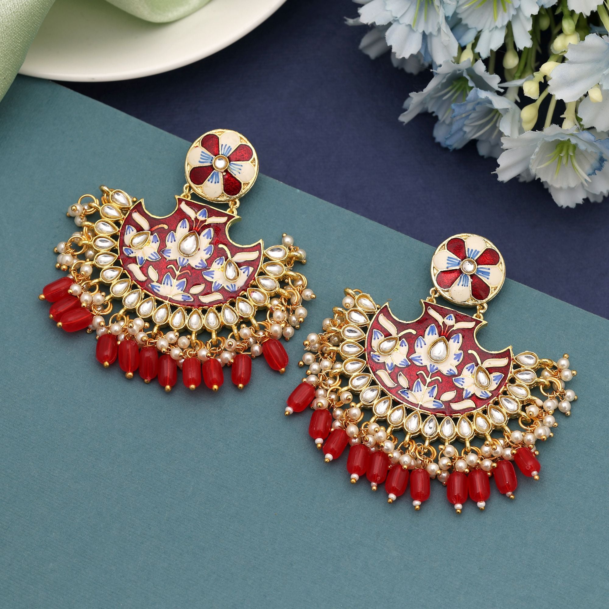 Red Color Meenakari Earrings Created To Add Bold Charm To Weddings And Festive Outfits - Red