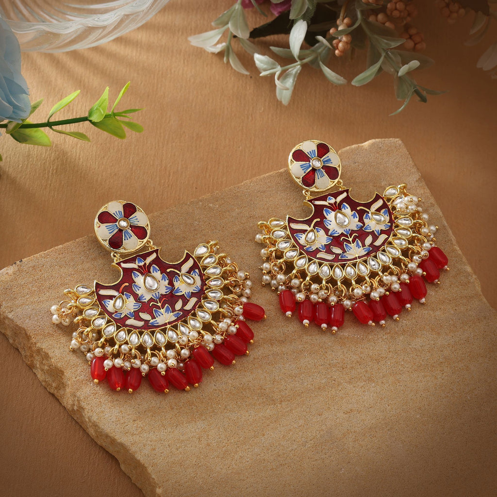 Red Color Meenakari Earrings Created To Add Bold Charm To Weddings And Festive Outfits - Red