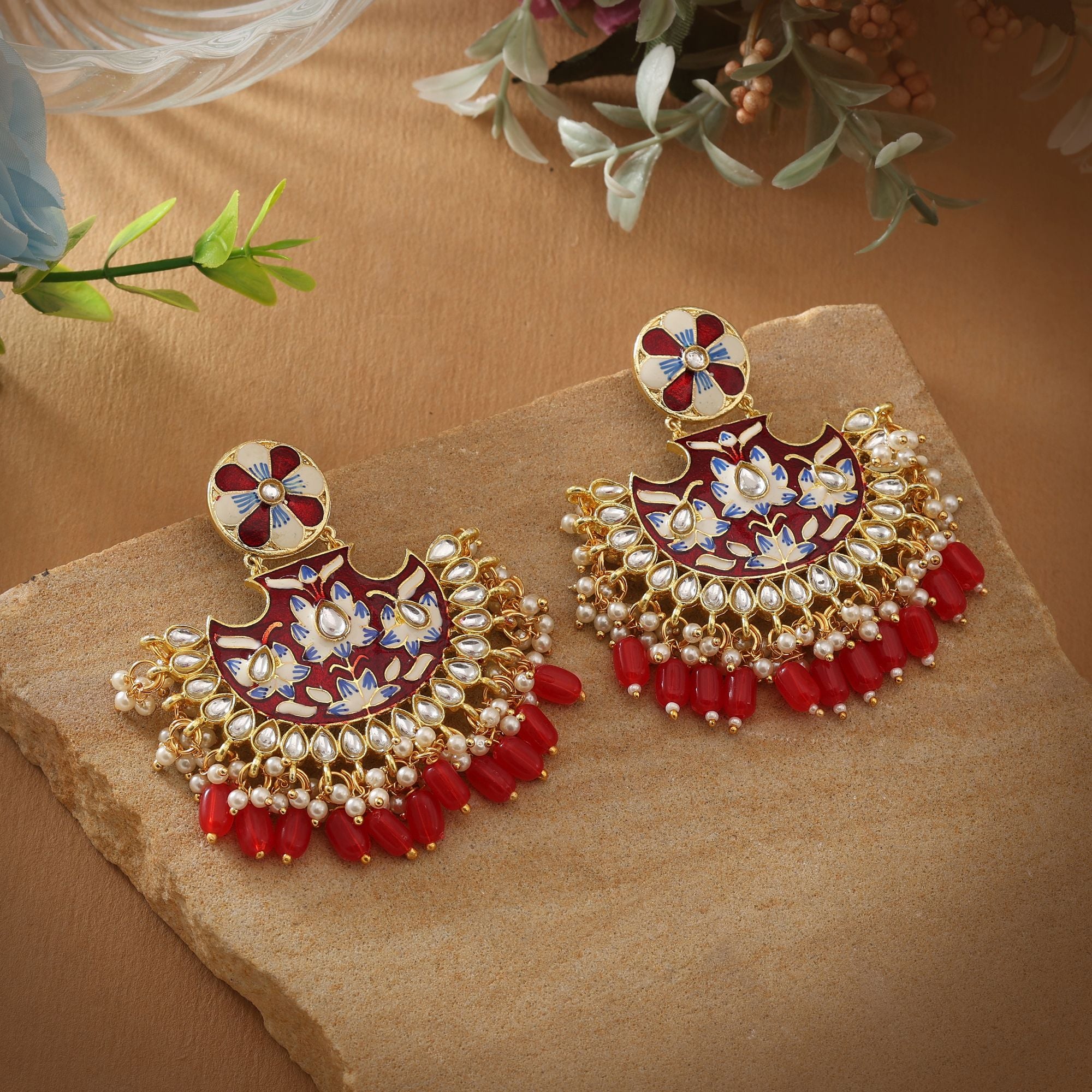 Red Color Meenakari Earrings Created To Add Bold Charm To Weddings And Festive Outfits - Red