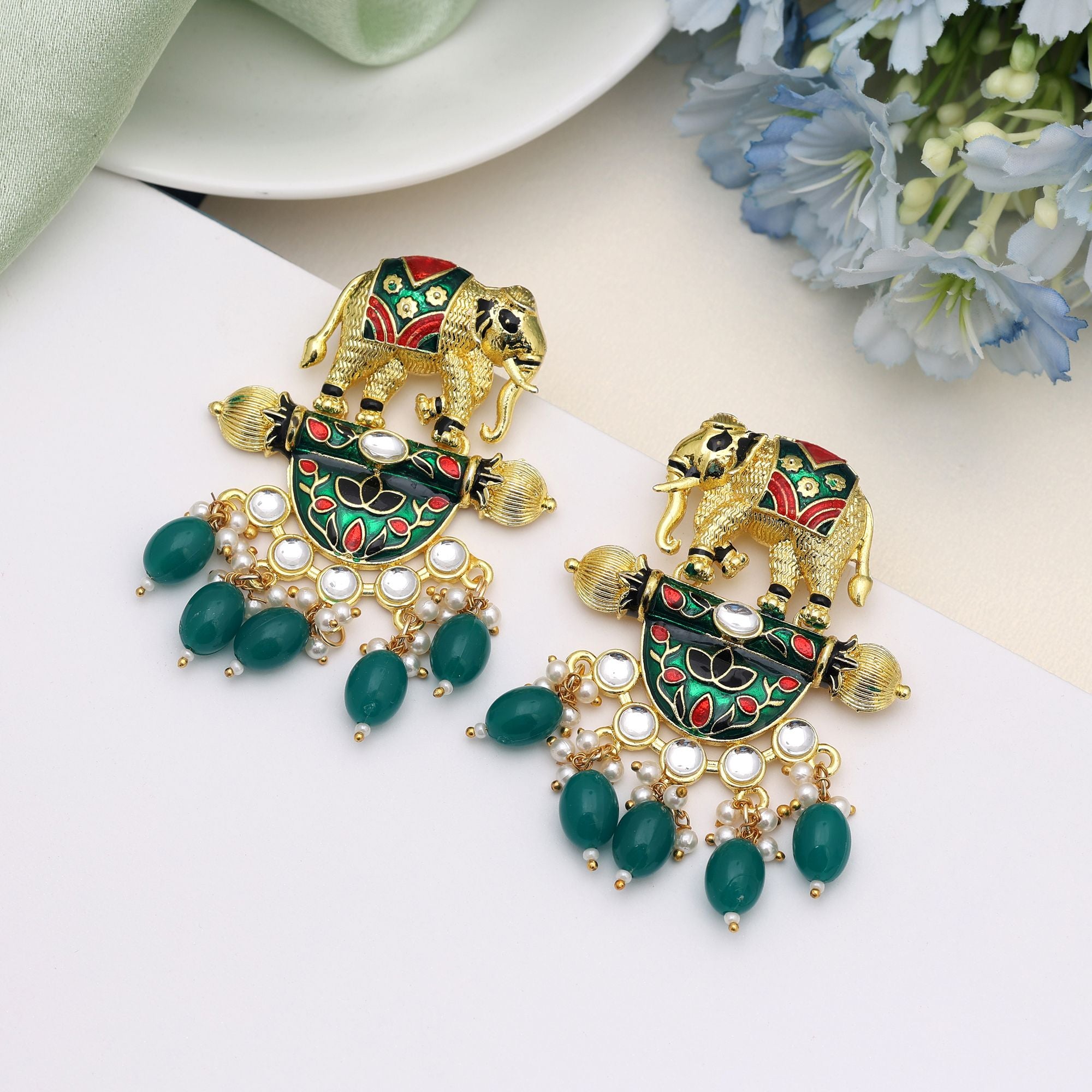 Green Color Meenakari Earrings Designed For Refreshing Festive Elegance In Ethnic Fashion - Green