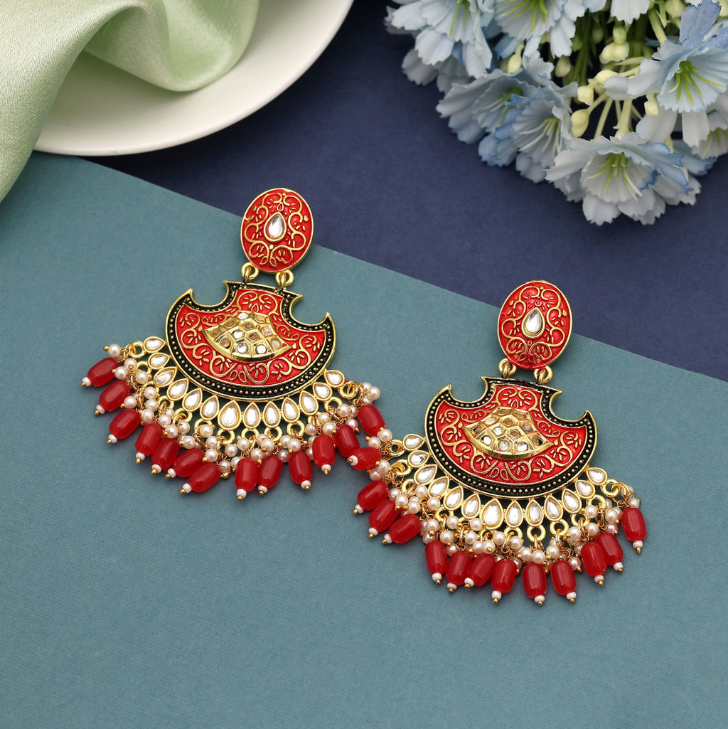 Red Color Mint Meena Earrings Crafted With Vibrant Enamel Detailing For Festive Elegance - Red