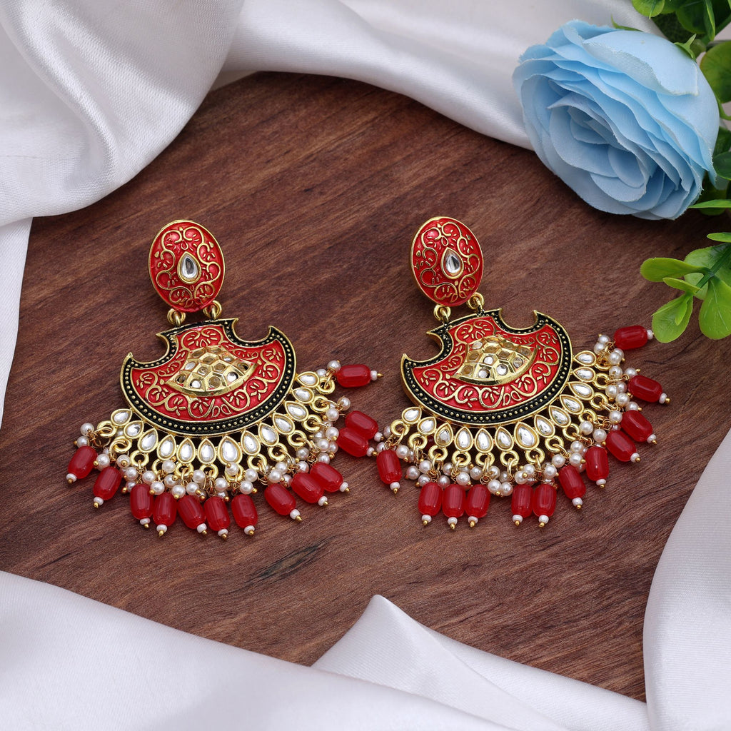 Red Color Mint Meena Earrings Crafted With Vibrant Enamel Detailing For Festive Elegance - Red