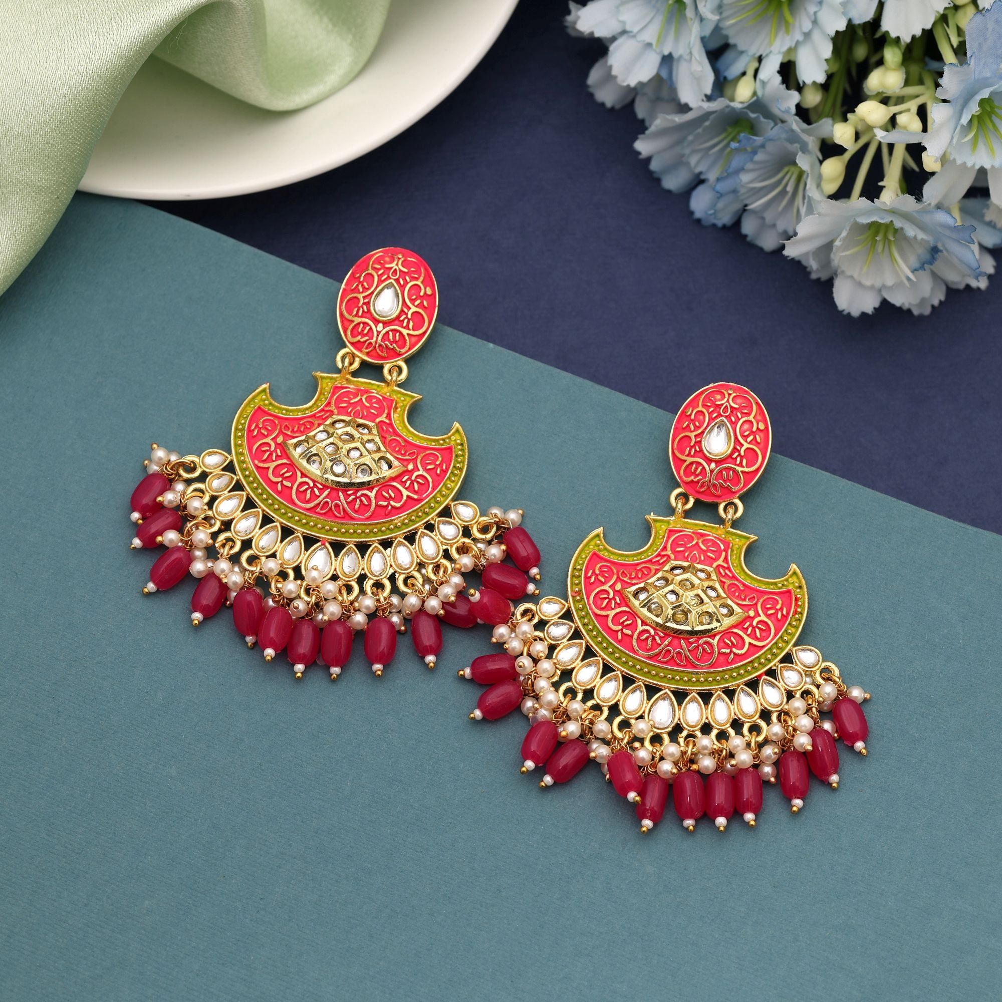 Rani Color Mint Meena Earrings Showcasing Royal Tones With Detailed Enamel Craftsmanship - Rani
