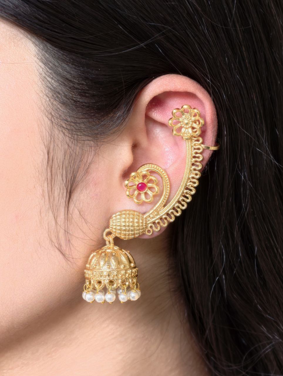 Affordable Design Gold Plated Jhumka Earcuff | Stone & Pearl Traditional Jewelry