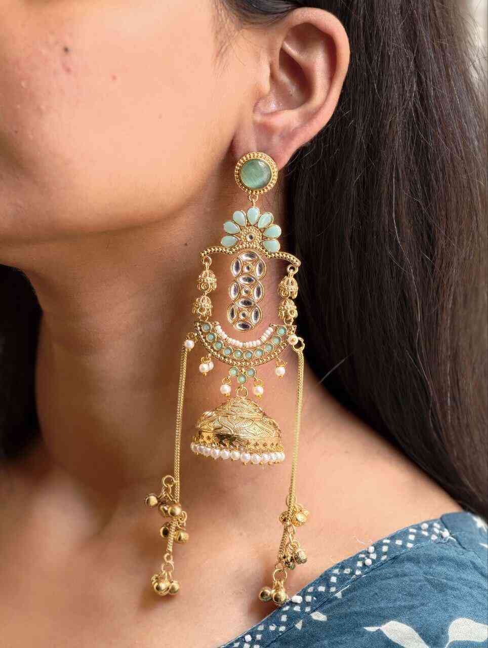 Premium Long Kashmiri Jhumka Earrings with Traditional Adorable Designs- Pista Green