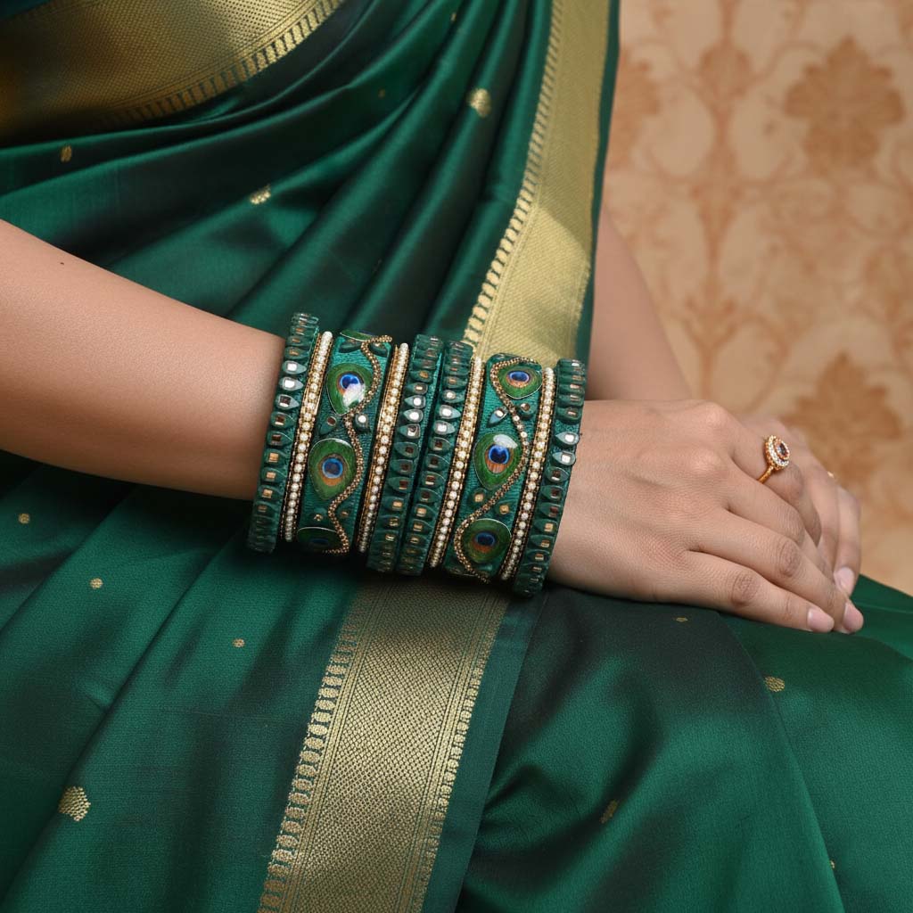 Green Color Peacock Feather 1 Set Of Thread Bangle Inspired By Nature Themed Jewelry - Green / 2.8