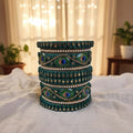 Green Color Peacock Feather 1 Set Of Thread Bangle Inspired By Nature Themed Jewelry - Green / 2.8