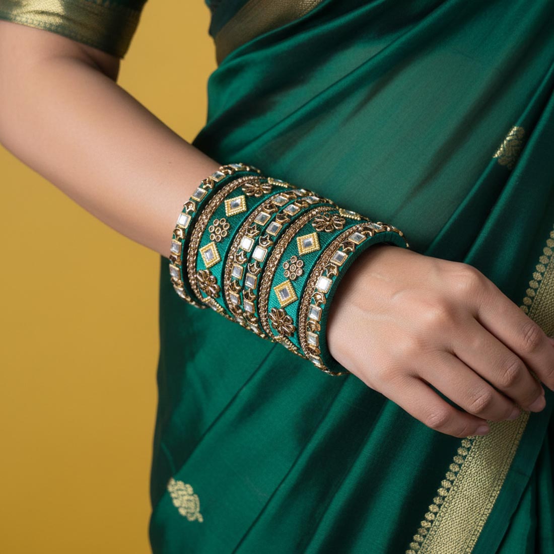 Green Color 1 Set Of Thread Bangle Highlighting Classic Indian Color Aesthetics - 2.8