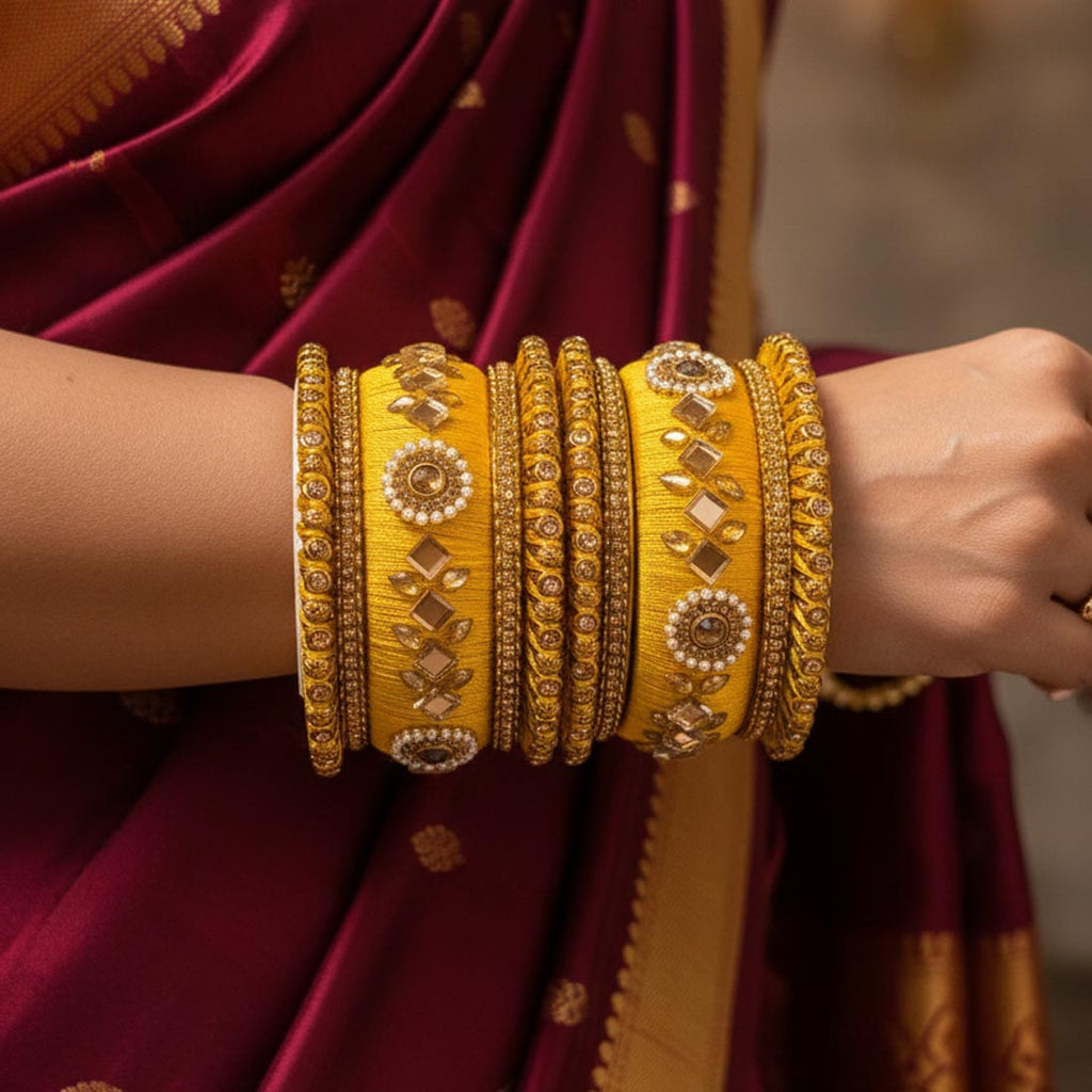 Yellow Color 1 Set Of Thread Bangle Designed To Enhance Traditional Attire - 2.6