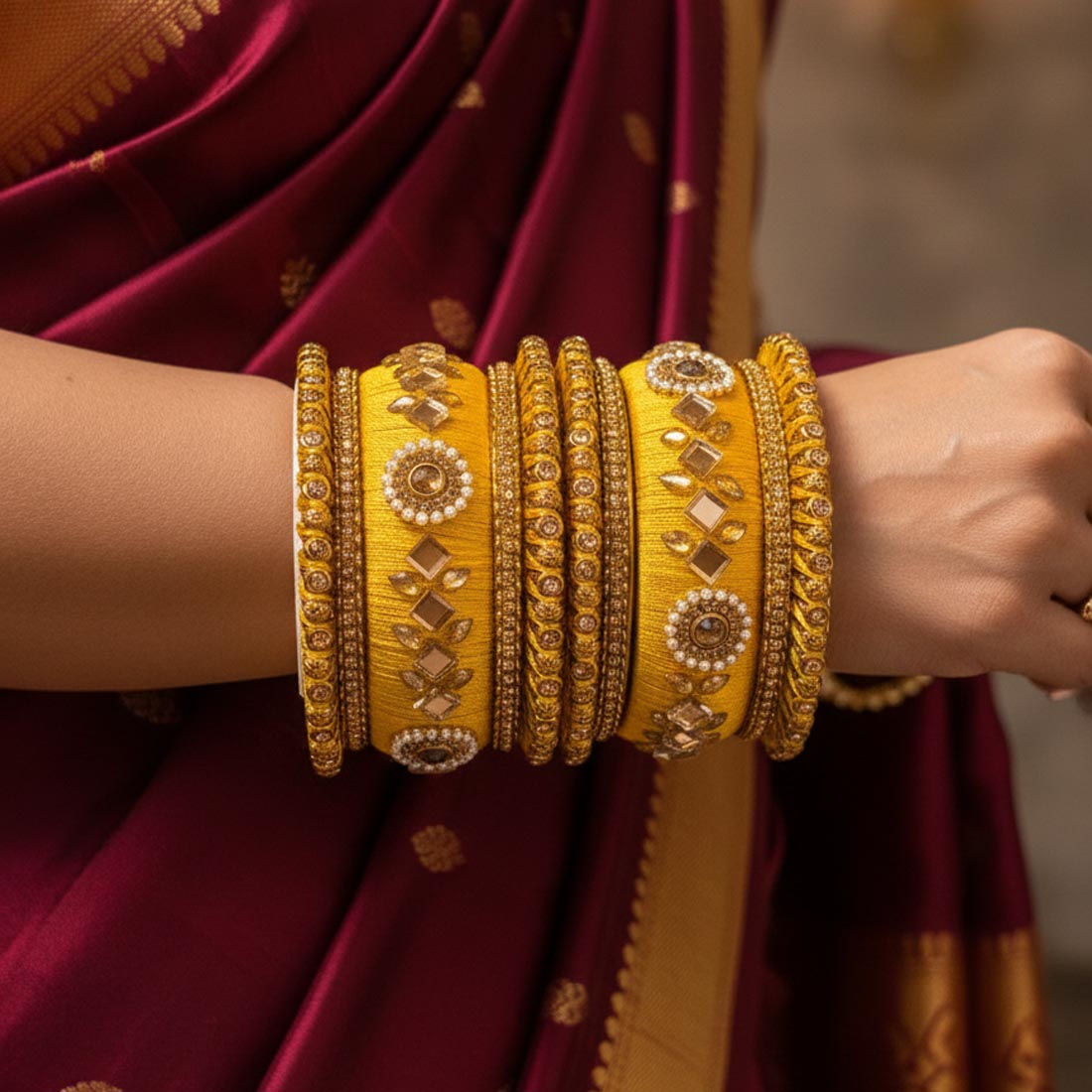 Yellow Color 1 Set Of Thread Bangle Designed To Enhance Traditional Attire - 2.6