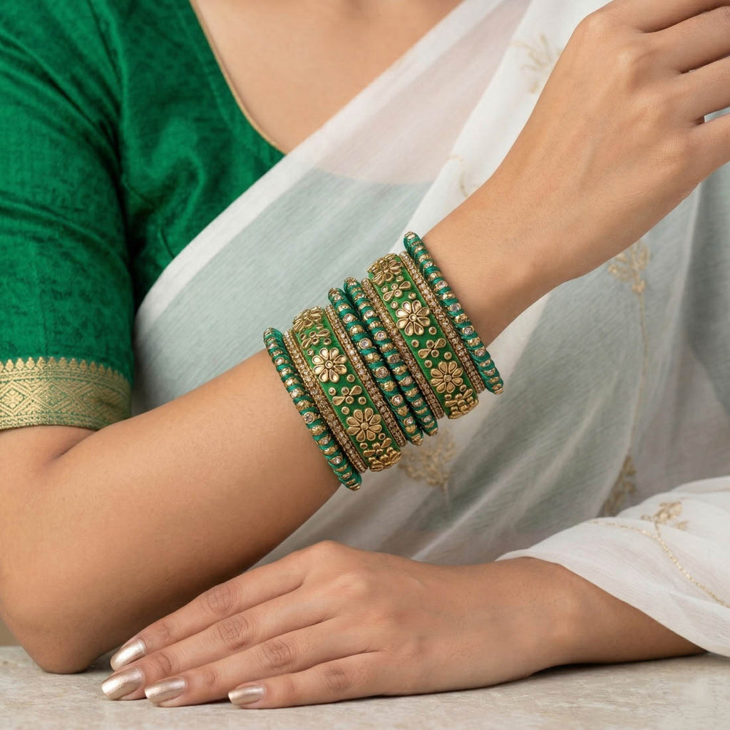 Green Color 1 Set Of Bangle Classic Traditional Ethnic Wear Stylish Jewelry Collection - Green / 2.4