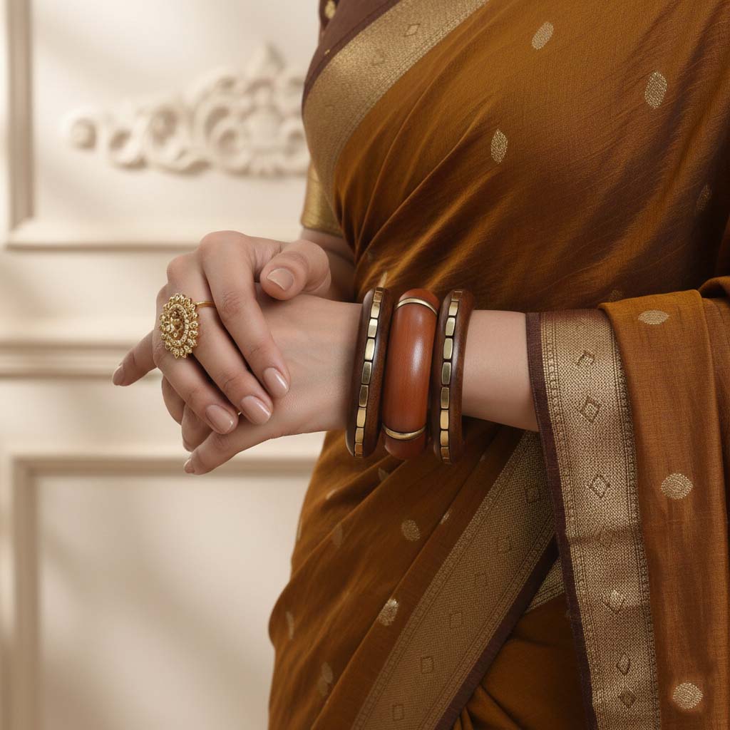 Brown Color Single Hand 1 Set Of Wooden Bangle Size: 2.6 (WNB102BRW-2.6) - Brown