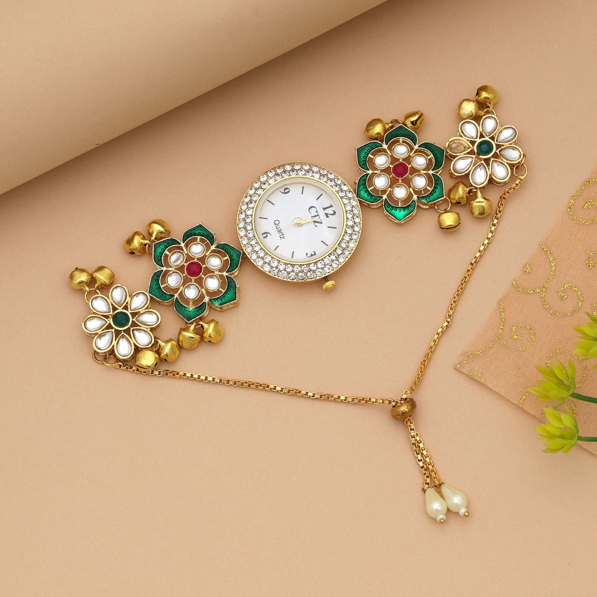 Rani & Green Color Kundan Watch For Girls & Women Stylish Ethnic Designer Timepiece - Rani & Green