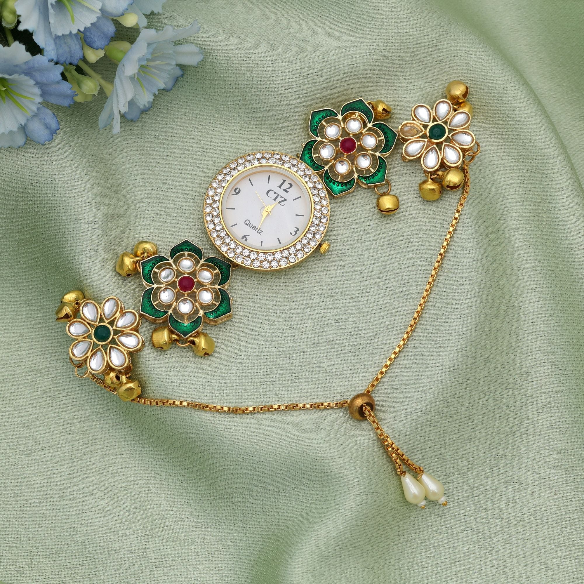 Rani & Green Color Kundan Watch For Girls & Women Stylish Ethnic Designer Timepiece - Rani & Green