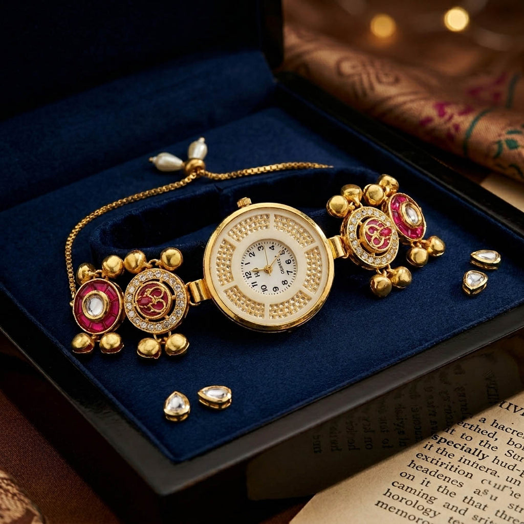 Attractive Rani Color Stone Kundan Watch For Girls & Women Elegant