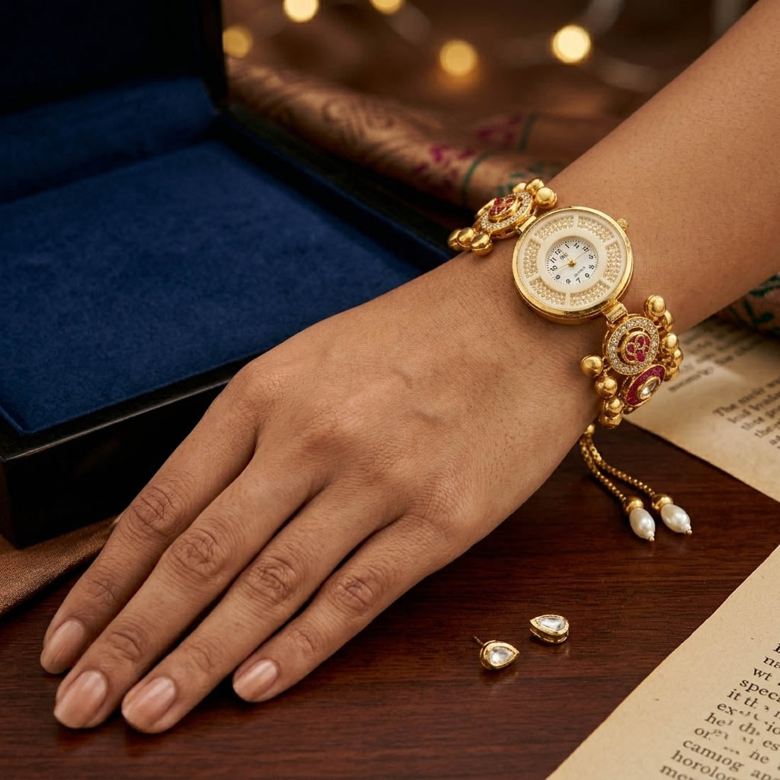 Attractive Rani Color Stone Kundan Watch For Girls & Women Elegant