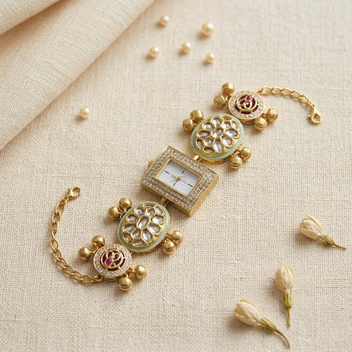 Charming Pista Green & Rani Color Kundan Watch For Girls & Women Wedding Special Style