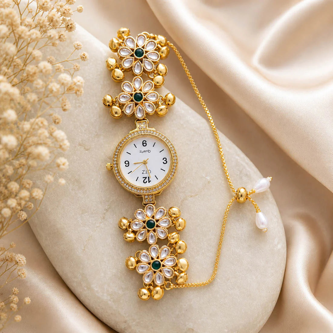 Classic Green Color Kundan Watch For Girls & Women Elegant Traditional Jewelry Style