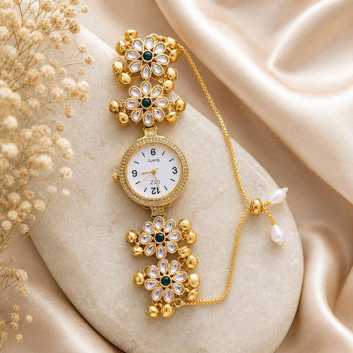 Classic Green Color Kundan Watch For Girls & Women Elegant Traditional Jewelry Style