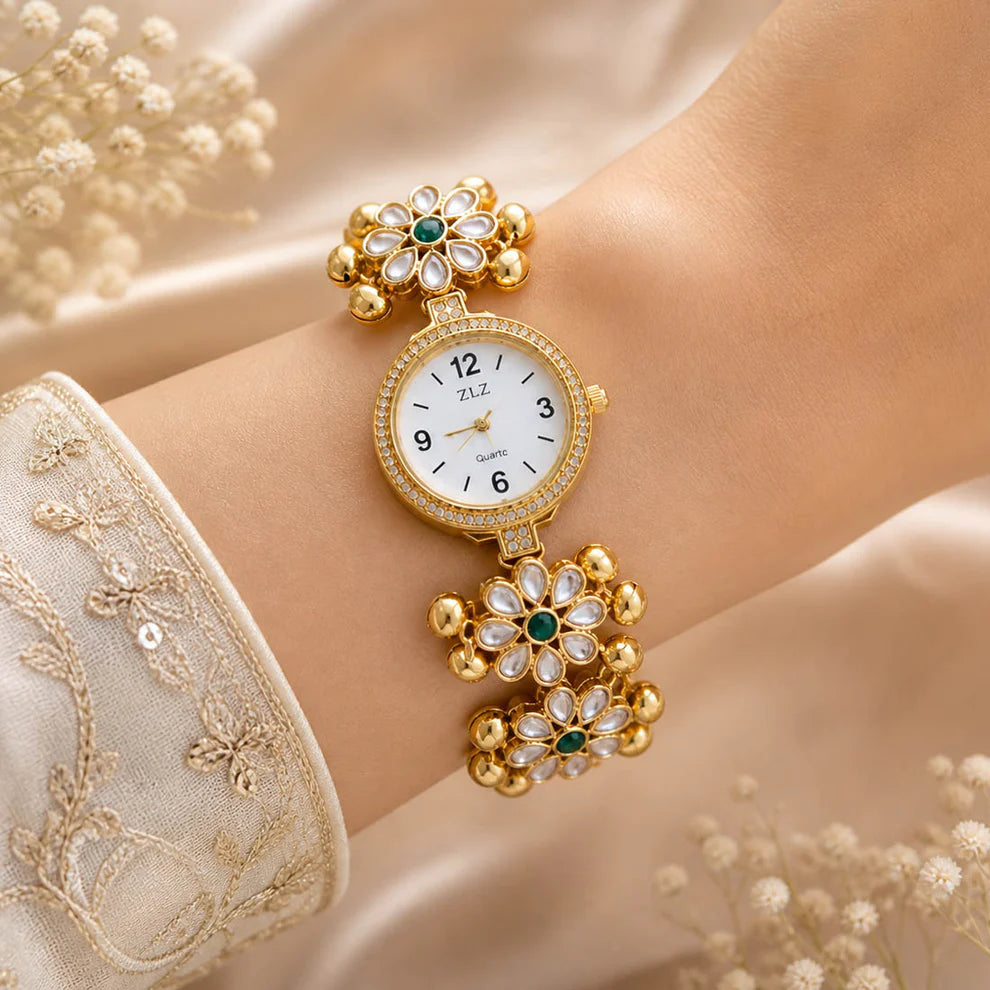 Classic Green Color Kundan Watch For Girls & Women Elegant Traditional Jewelry Style