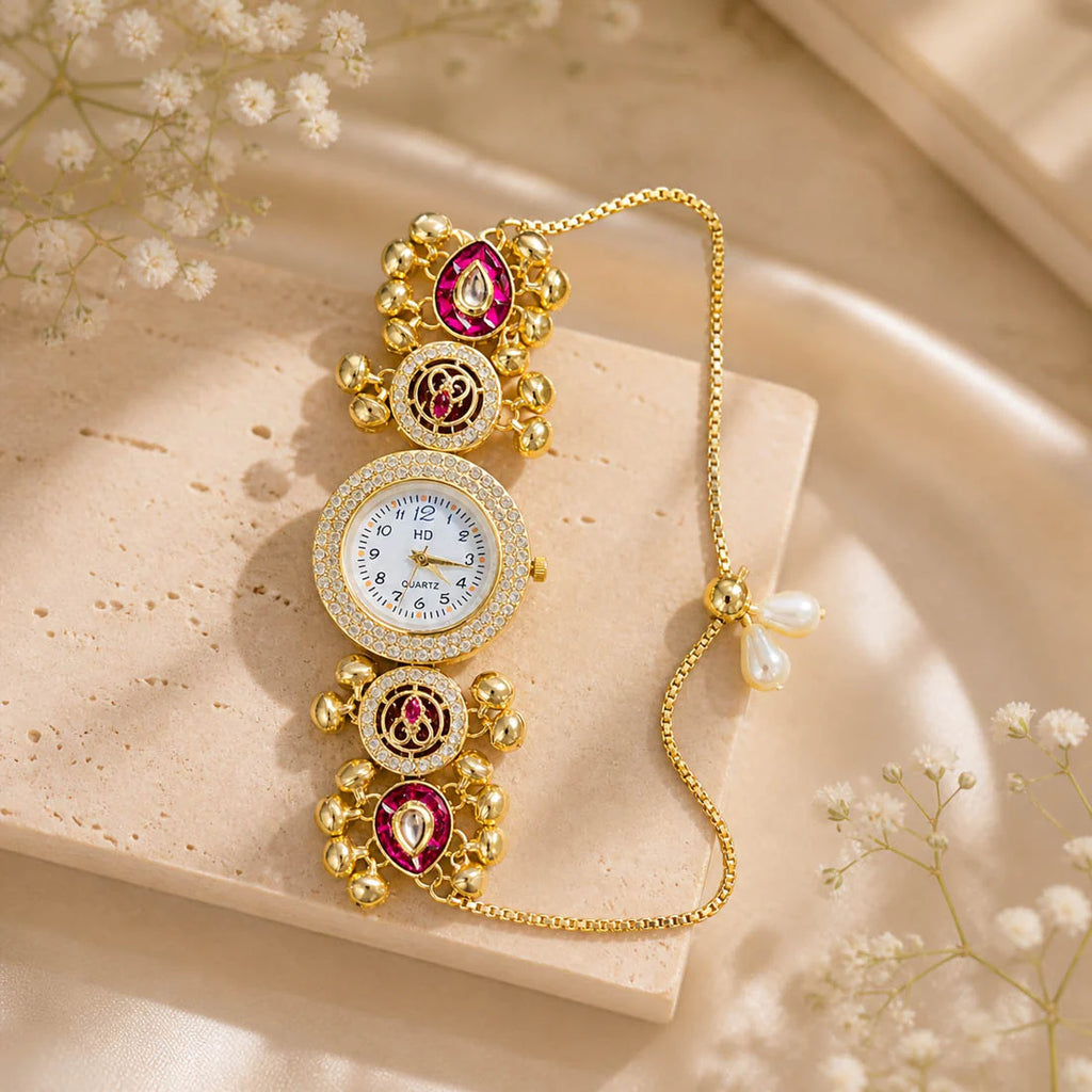 Beautiful Rani Color Kundan Watch For Girls & Women Ethnic Occasion Statement Piece