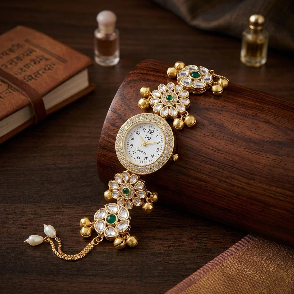 Elegant Green Color Kundan Watch For Girls & Women Traditional Wedding Style Accessory