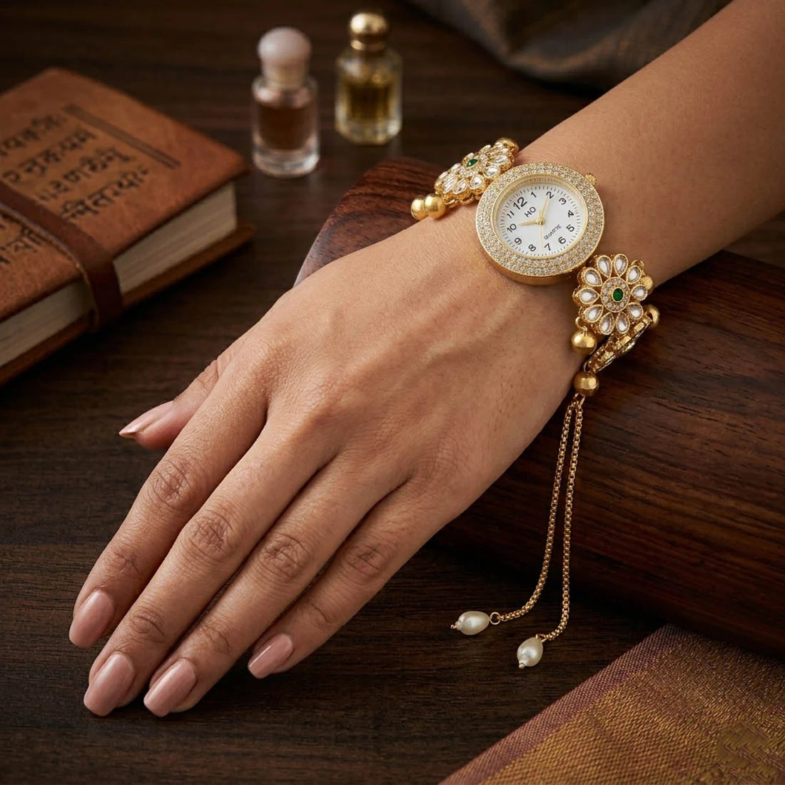 Elegant Green Color Kundan Watch For Girls & Women Traditional Wedding Style Accessory