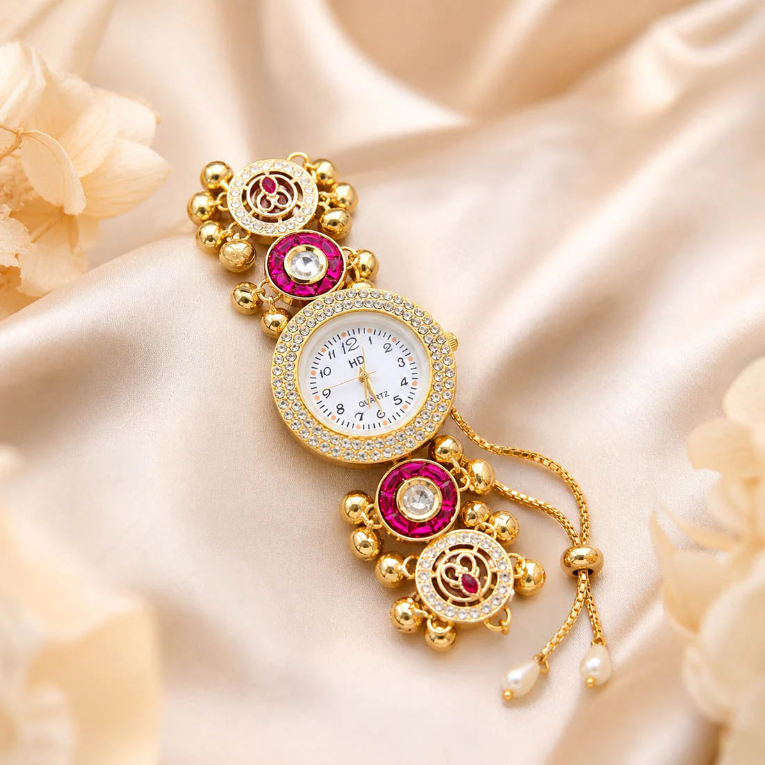 Premium Rani Color Kundan Watch For Girls & Women Wedding Occasion Designer Piece