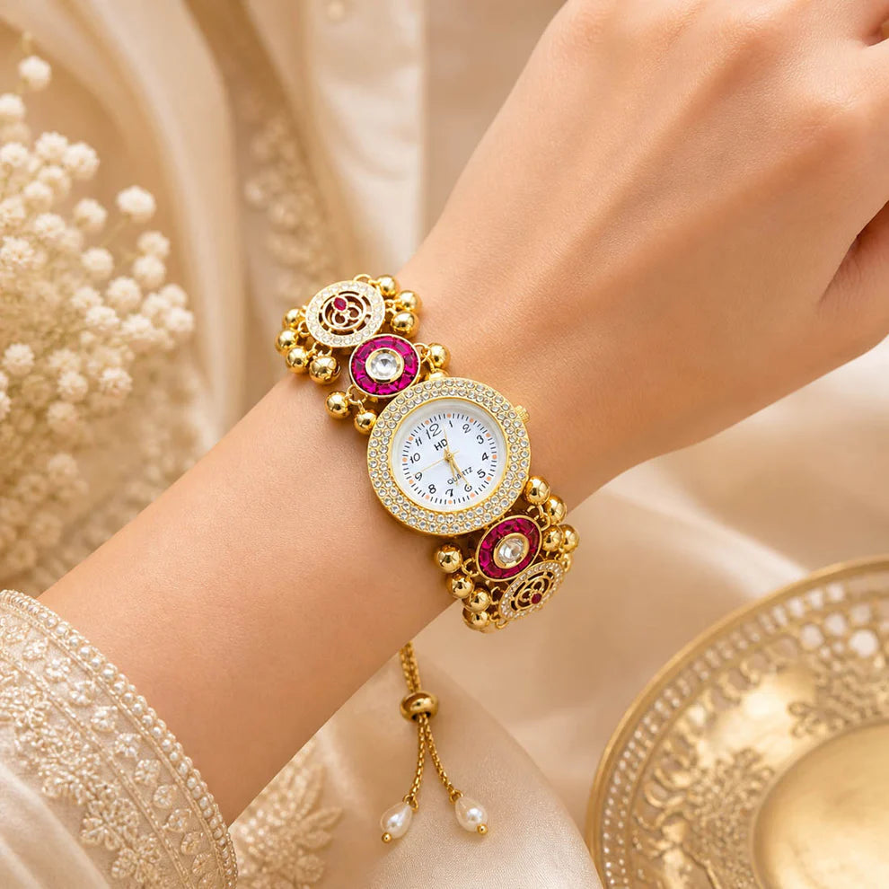 Premium Rani Color Kundan Watch For Girls & Women Wedding Occasion Designer Piece