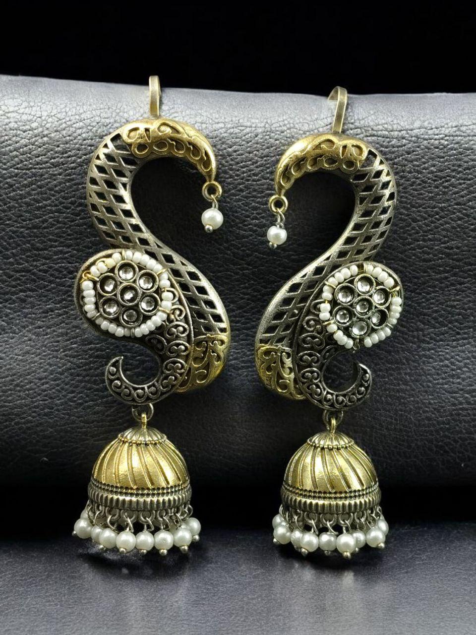 Beautiful Two-Tone Jhumki Earcuff | Stone & Pearl Detailing Traditional Ethnic Jewelry For Girls