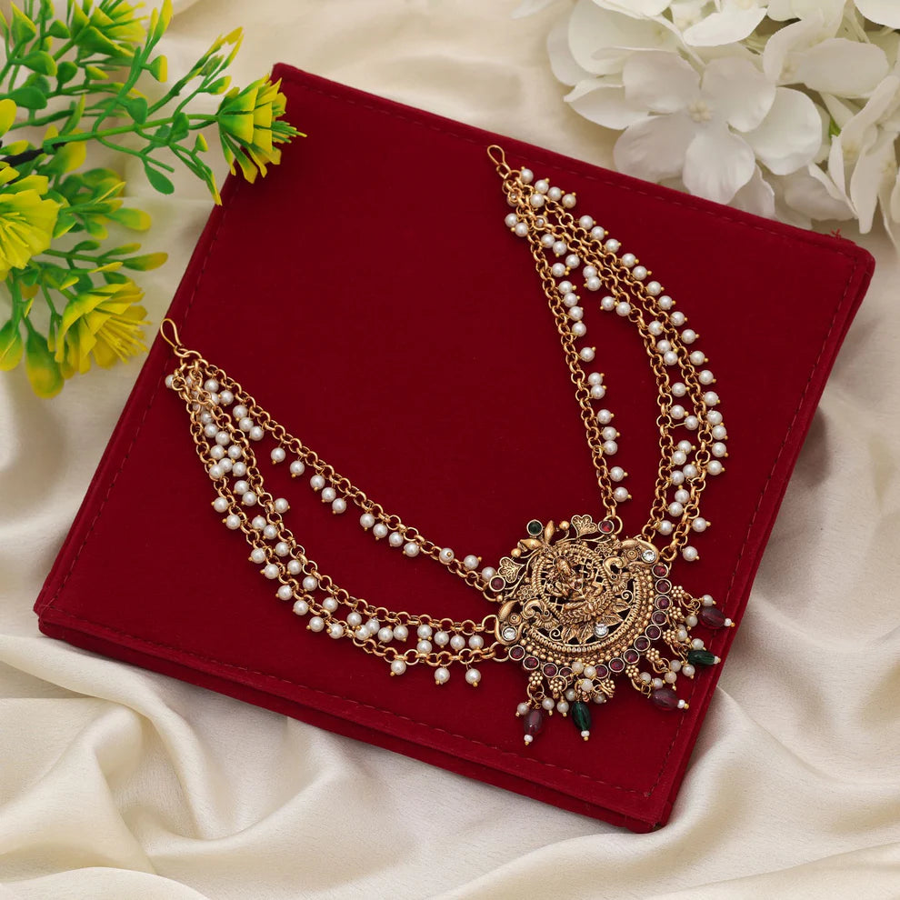Stylish Maroon & Green Color Hair Brooch With Antique Temple Inspired Artwork